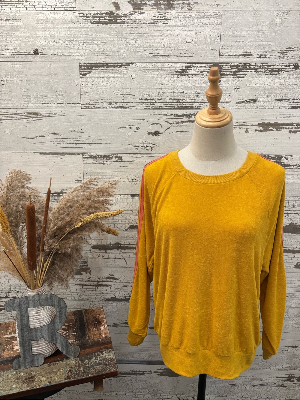 Evereve Mustard Yellow Pullover with Contrast Stripe on Sleeves